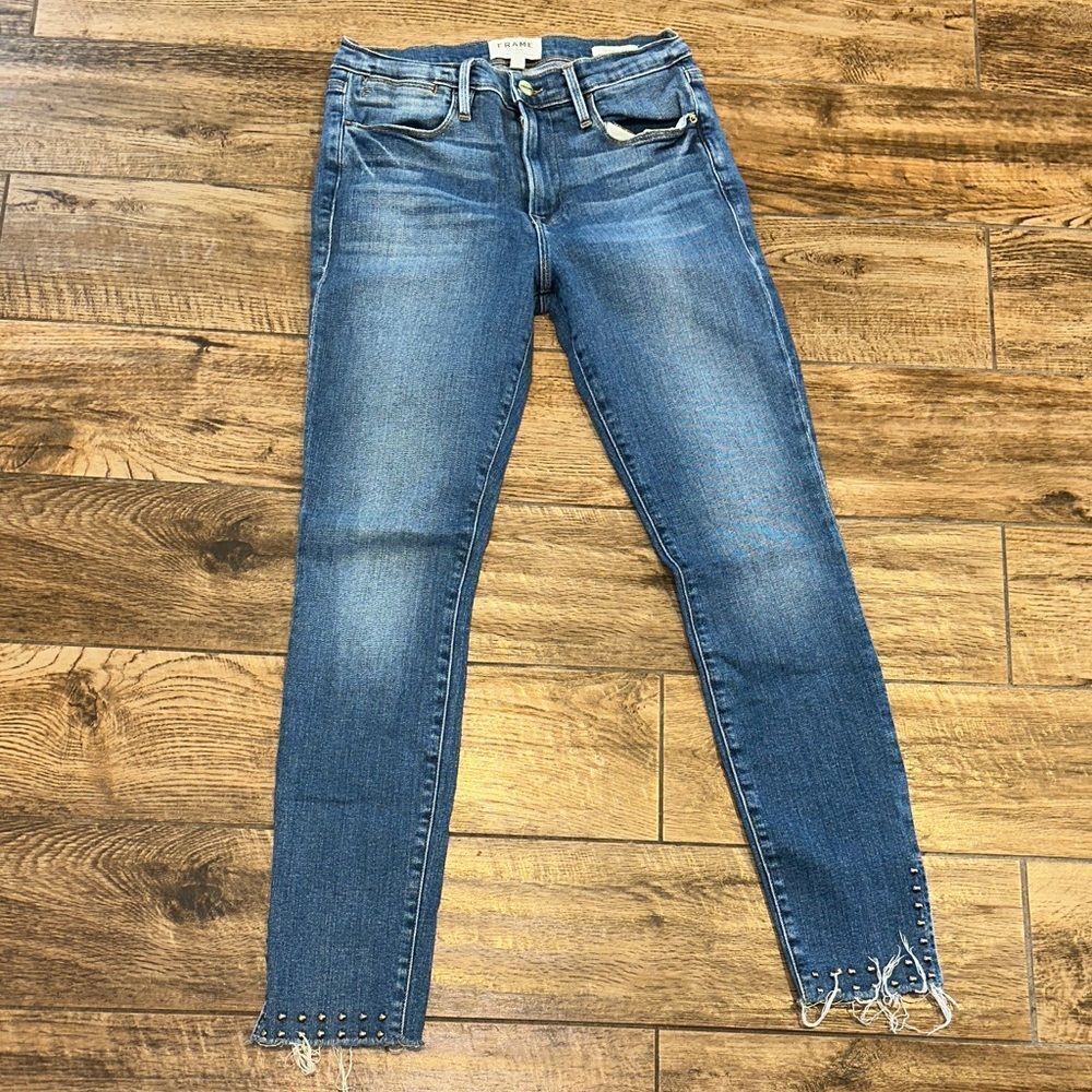 Frame Denim Le High Skinny Jeans with Studded Hem Sz 28